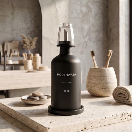 Glass Mouthwash Dispenser Set Black with Reusable Cup & Bamboo Nozzle - 350ml