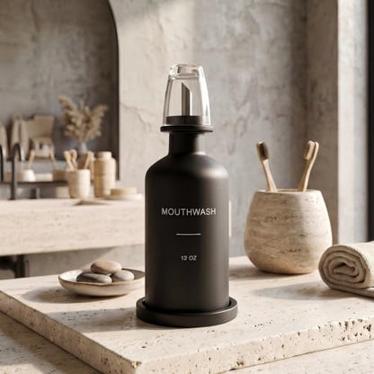 Glass Mouthwash Dispenser Set Black with Reusable Cup & Bamboo Nozzle - 350ml