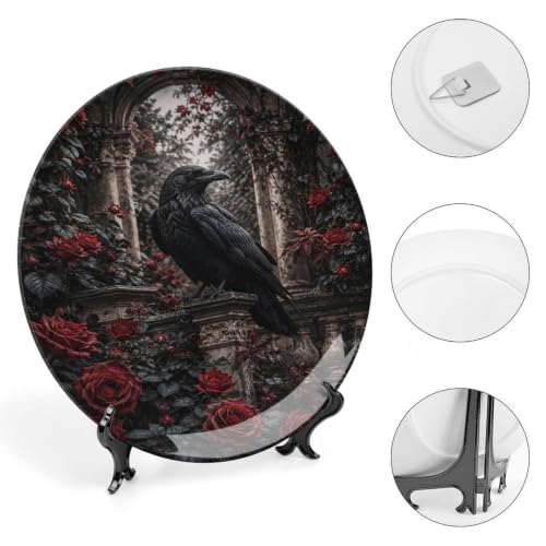 Black Crow Red Roses Gothic Bone China Decorative Plate with Stand & Wall Hook - 10 Inch
