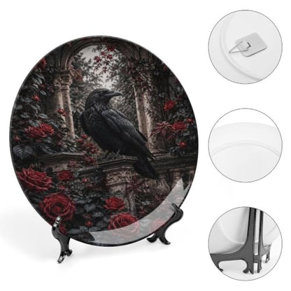 Black Crow Red Roses Gothic Bone China Decorative Plate with Stand & Wall Hook - 10 Inch