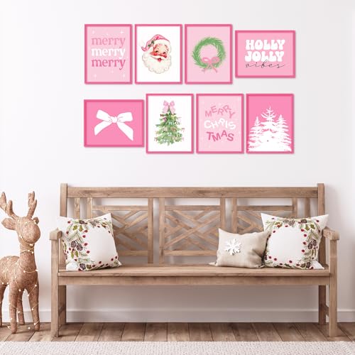 Set of 12 Pink Christmas Wall Art Prints - Holiday Holiday Decor, Snowman Santa Tree