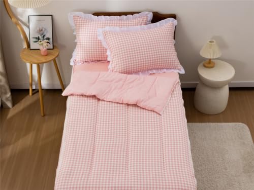 Pink Gingham Zipper Bedding Set for Twin Kids Bed - Blush Pink