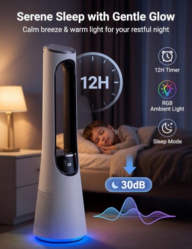 White 38-Inch Bladeless Tower Fan with 5-Color Night Light, 20 Speeds & Remote
