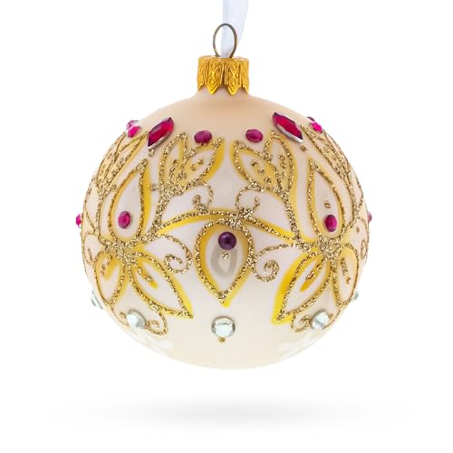 Gilded Golden Leaves Glass Christmas Ornament 3.25 Inches - Hand-Painted Holiday Decor