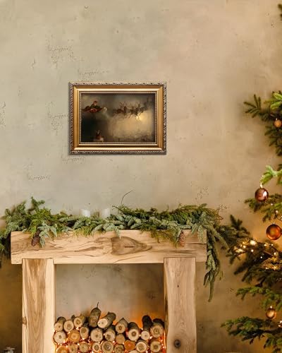 Vintage Christmas Santa Claus Wall Art with Gold Frame - Elk & Reindeer - 9x12 Inches