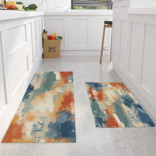 Rust Orange Mottled Washed Color Block Kitchen Rugs Set - Non-Slip, Washable, 2-Piece