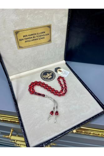 Religious Prayer Beads with Custom Engraving - Sıkma Kehribar, Silver Tassel, Leather Gift Box
