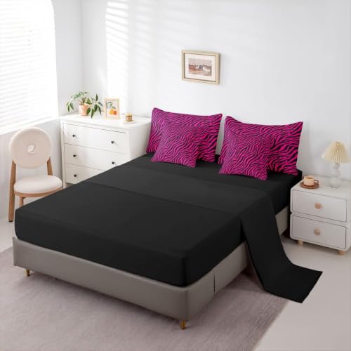 Pink Zebra Comforter Set with Sheets - Twin Size, 7-Piece Bed in a Bag, Hot Pink and Black, Kids Bedroom Bedding