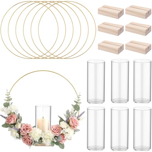 Leinuosen 6-Piece 12-Inch Gold Metal Candle Centerpiece Set with Wooden Stands