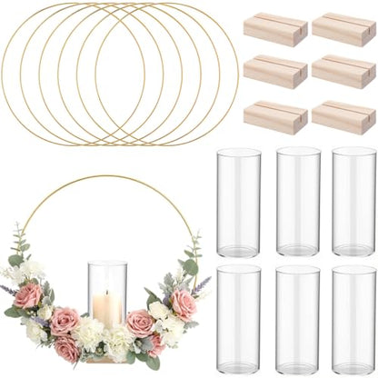 Leinuosen 6-Piece 12-Inch Gold Metal Candle Centerpiece Set with Wooden Stands