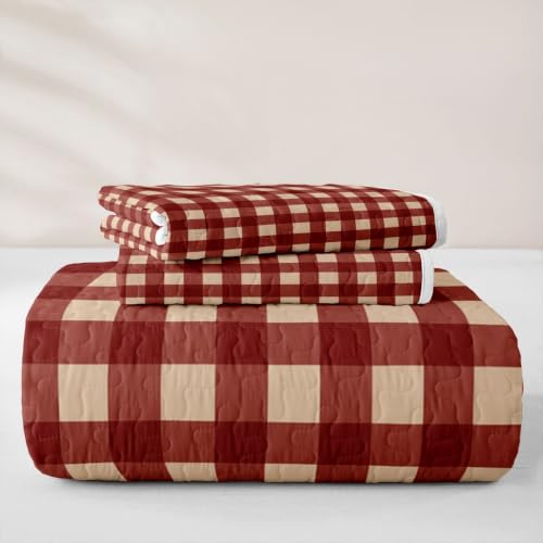 Manfei Gingham Red Twin Quilt Set with Pillow Sham - Microfiber Lightweight Farmhouse Bedding