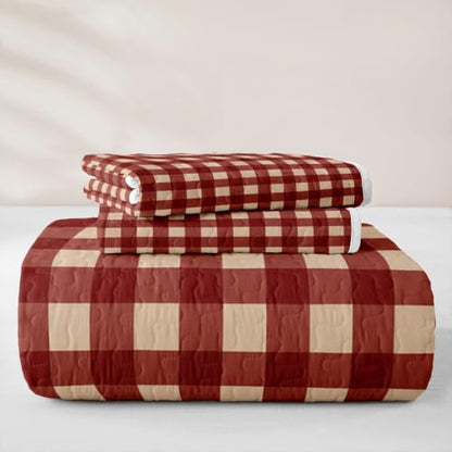 Manfei Gingham Red Twin Quilt Set with Pillow Sham - Microfiber Lightweight Farmhouse Bedding