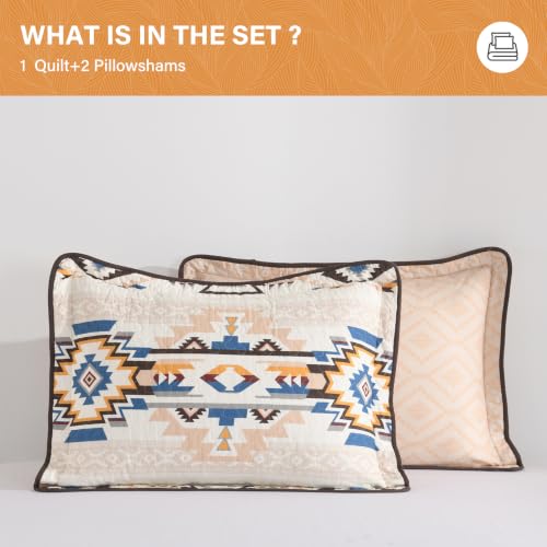 Queen Cotton Quilt Set with Reversible Bedspread Aztec Pattern - All Season Bedding