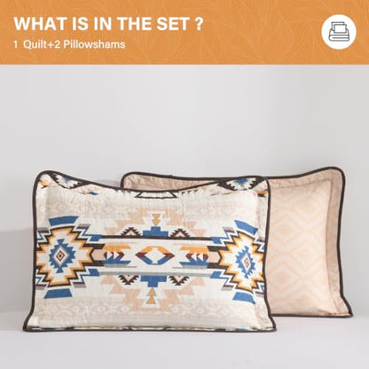 Queen Cotton Quilt Set with Reversible Bedspread Aztec Pattern - All Season Bedding