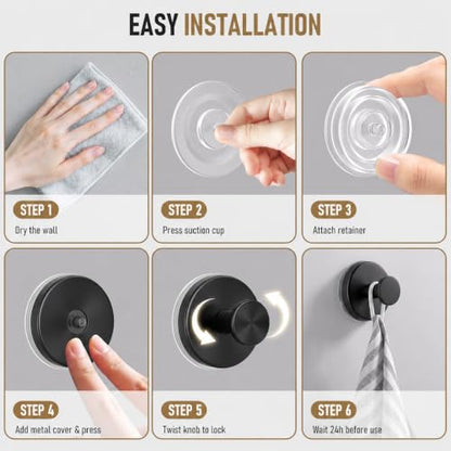 Black Suction Cup Hooks for Shower Bathroom 4-Pack - No Drill, Reusable