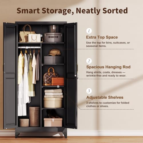 71" Tall Metal Armoire Wardrobe Closet with Shelves and Doors