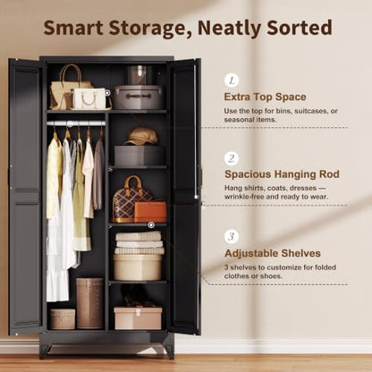 71" Tall Metal Armoire Wardrobe Closet with Shelves and Doors