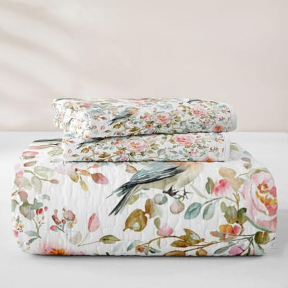 Watercolor Garden Quilt Set Full Pink Green – Sparrow Floral Bedding with Pillowcases