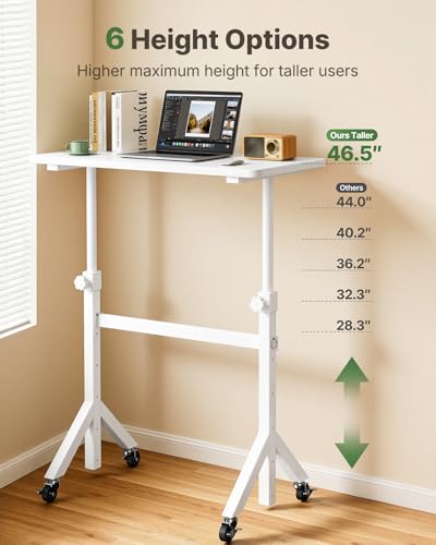 Pure White Marsail Mobile Standing Desk with Lockable Wheels & 6 Height Levels