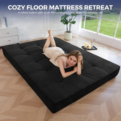 Black 6-Inch Thick Japanese Floor Mattress Full Size Futon Bed - Plush Support
