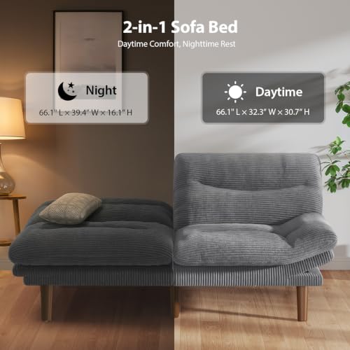 Convertible Futon Sofa Bed - Corduroy, 66 Inch, Warm Grey - Space Saving