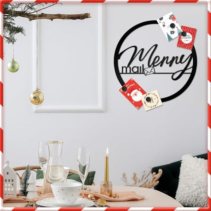 16-Inch Christmas Card Holder Wreath with Magnets - Black Metal Holiday Sign