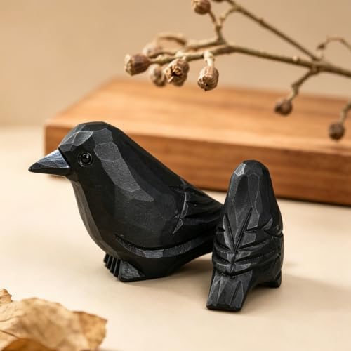Hand-Carved Wooden Raven & Crow Figurine Set - Gothic Home Decor