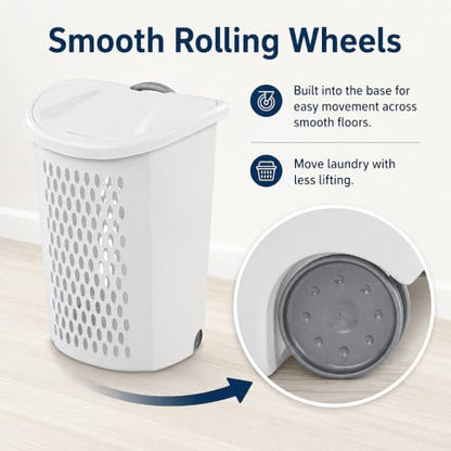 135L White Wheeled Plastic Laundry Hamper with Lid - Large Capacity, Portable