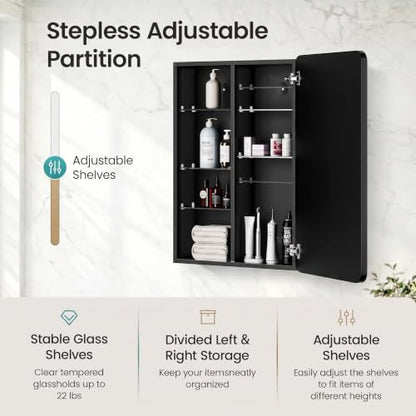 Black Medicine Cabinet with Mirror 20x30 in Recessed or Surface Mount - Black
