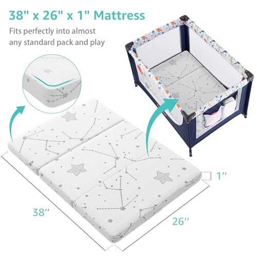 Breathable 38x26 Baby Pack and Play Mattress Pad with Fabric Cover - Foldable Travel Crib Mattress