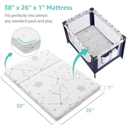Breathable 38x26 Baby Pack and Play Mattress Pad with Fabric Cover - Foldable Travel Crib Mattress