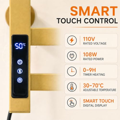 Smart Gold Heated Towel Rack with Shelf - 8 Bars, Bathroom Decor