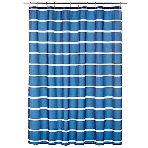 mDesign Fabric Shower Curtain, Machine Washable, Quality Reinforced Buttonholes for Bathroom, Guest Bath, Stalls, Tubs - Modern Simple Stripes Design - White/Dress Blues