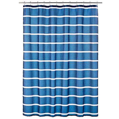 mDesign Fabric Shower Curtain, Machine Washable, Quality Reinforced Buttonholes for Bathroom, Guest Bath, Stalls, Tubs - Modern Simple Stripes Design - White/Dress Blues