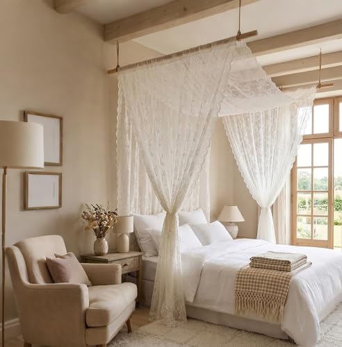 White Lace Canopy Bed Curtains for Queen, King & Twin Size Bed - 55W x 157L (Pack of 1)