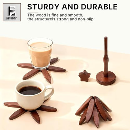 Wooden Tree Trivets Set of 4 with Stand - Heat-Resistant Kitchen Decor