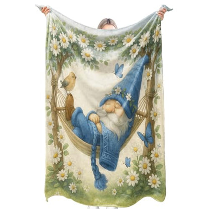 80x60 Inch Whimsical Sleeping Gnome Flannel Blanket Garden Daisy Butterfly Bird Throw - Light & Soft