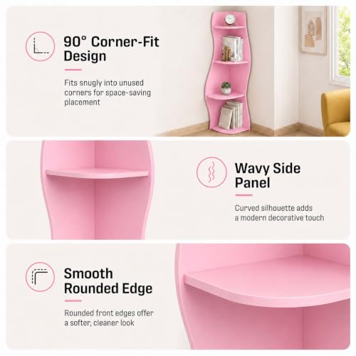 Pink 5-Tier Wavy Corner Shelf for Small Spaces - Curvy Wall Organizer