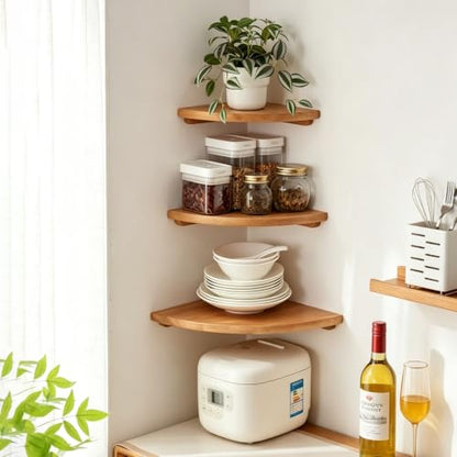 Natural Wood Corner Floating Shelves Set of 2, 10 Inch Wall Storage