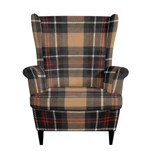 Brown Tartan Wingback Chair Cover 2 Pieces - Snug Fit, Protective & Easy to Install