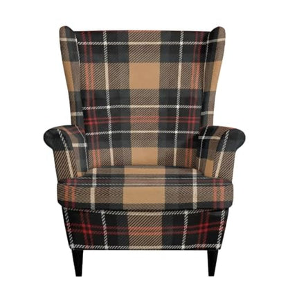 Brown Tartan Wingback Chair Cover 2 Pieces - Snug Fit, Protective & Easy to Install