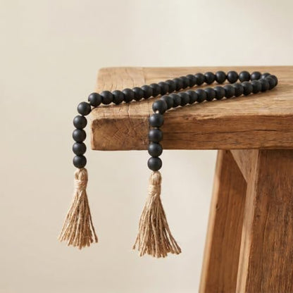 Black 39in Wood Bead Garland Farmhouse Decor with Tassels