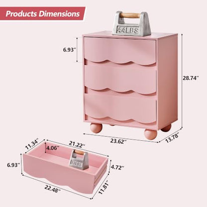 3-Drawer Dresser for Bedroom in Pink - Wave Front, 23.6" W x 13.8" D x 28.7" H, Wooden Storage Chest