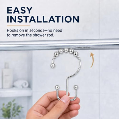Double Shower Curtain Hooks Set of 12, Rust Proof Metal Roller Ball Rings, Nickel Finish