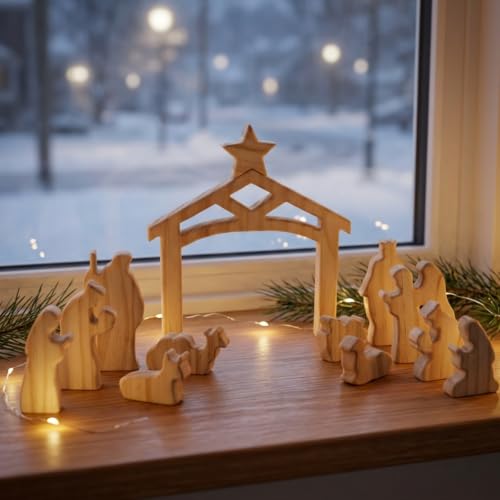 Unfinished Wooden Nativity Scene Set - 13 Pcs Christian Christmas Decor