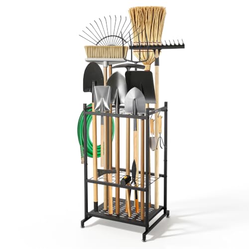 Small Garden Tool Organizer Rack with 35 Slots & Hooks - Metal Garage Storage