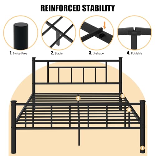 Shintenchi Queen Size Bed Frame with Headboard and Footboard, Queen Metal Bed Frame Mattress Foundation with Under Bed Storage, Steel Slats, No Box Spring Needed, Noise Free