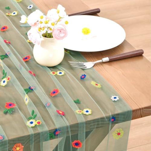 Sage Flower Table Runner Floral Daisy Cheesecloth Wedding Decor - Sage / 1