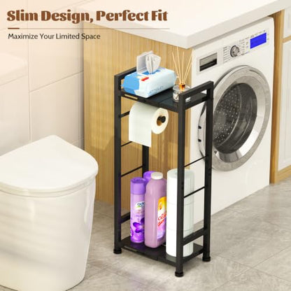 2-Tier Freestanding Toilet Paper Holder Stand with Shelf, Expandable Width 8.7-13in, Slim Floor Dispenser for Bathroom, Small Space, Black