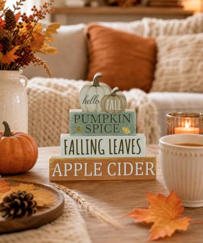 Putuo Decor Fall Decor for Home - Hello Fall Table Sign with Pumpkins Leaves Pumpkin Spice Variation